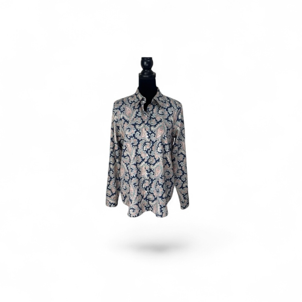 Chaps classic no iron button down navy blue paisley print blouse shirt large